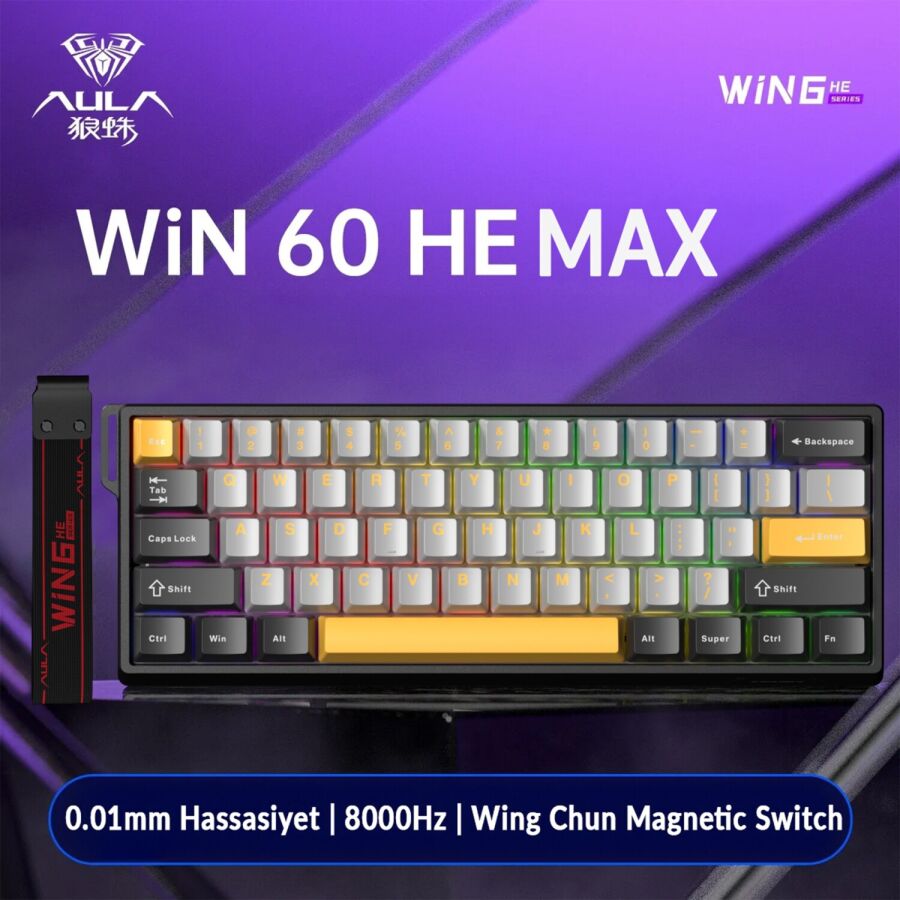 Aula Win60 He Max Manyetik Klavye Rapid Trigger Wing Chun Switch 8000Hz RGB TKL Hot Swap Oyuncu Klavyesi Sarı - 3