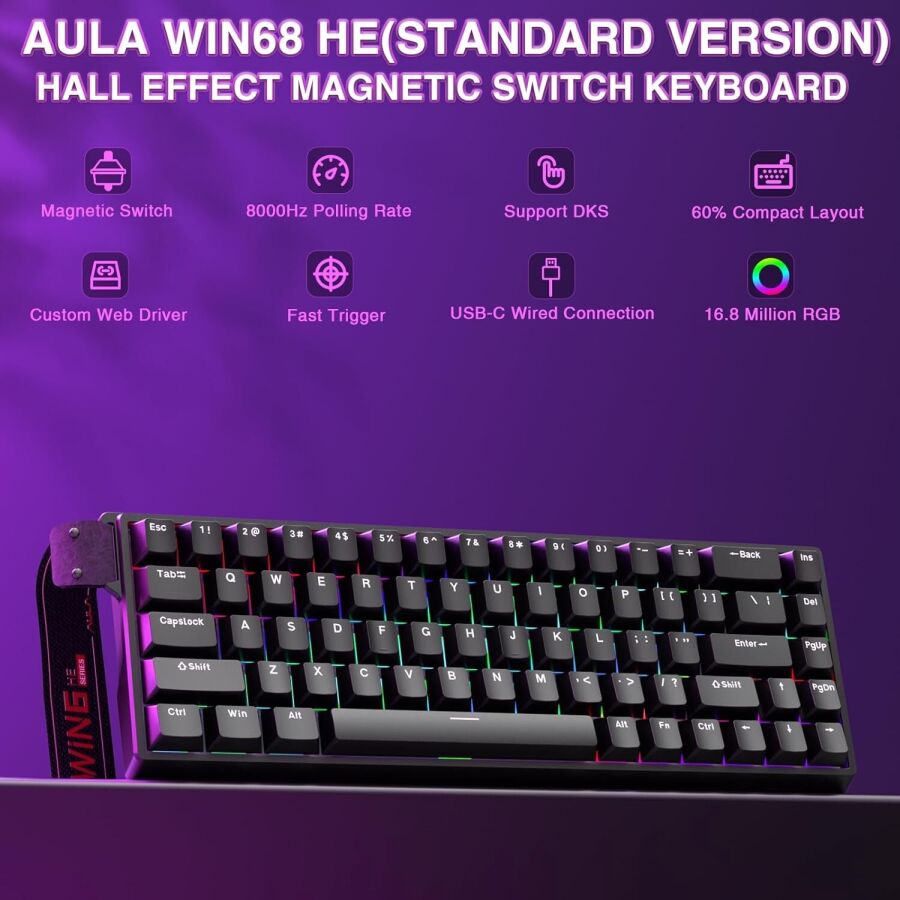 Aula Win68 HE Manyetik Klavye Rapid Trigger GrayWood Switch 8000Hz RGB TKL Hot Swap Oyuncu Klavyesi Siyah - 2