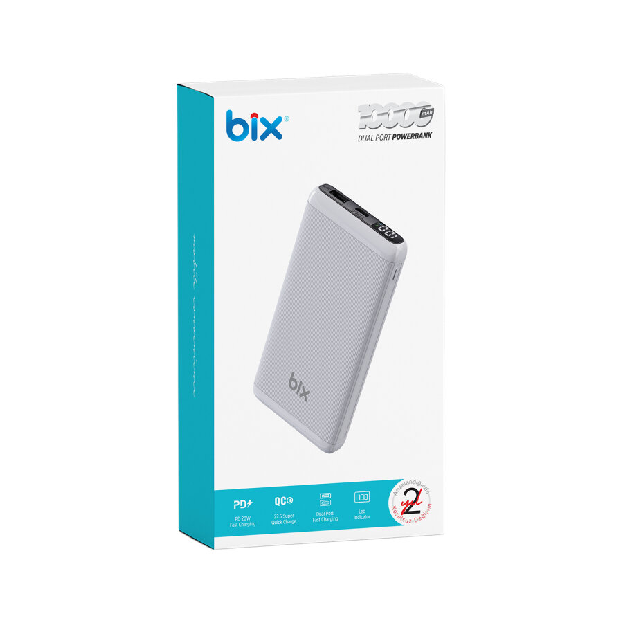 Bix 10000mAh 20W PD Type-C ve USB-A SCP 22.5W QC 3.0 18W Çift Çıkışlı LED Ekranlı Powerbank Beyaz - 4