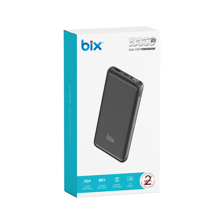 Bix 10000mAh 20W PD Type-C ve USB-A SCP 22.5W QC 3.0 18W Çift Çıkışlı Led Ekranlı PowerBank Siyah - 4