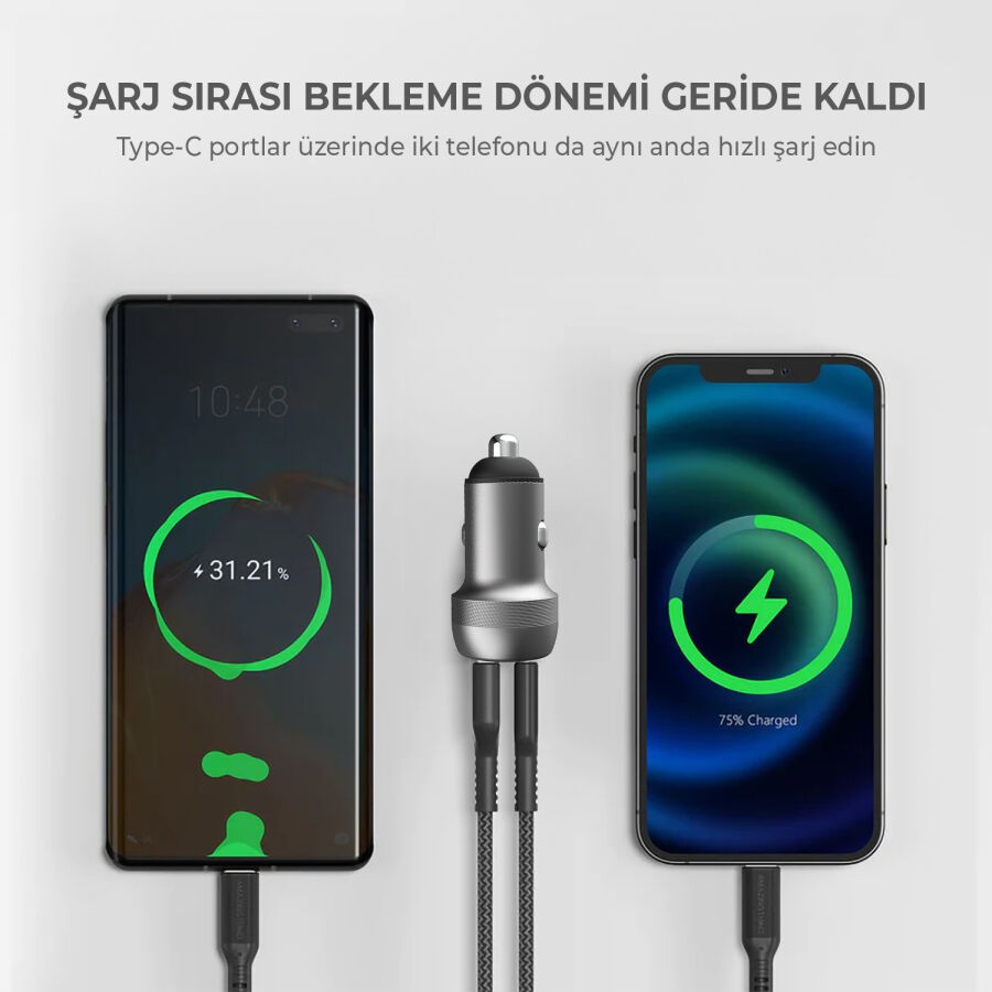 Bix 100W 2*Type-C PD 3.0 Portlu PPS Destekli Mini Araç içi Hızlı Şarj Cihazı Gri - 10