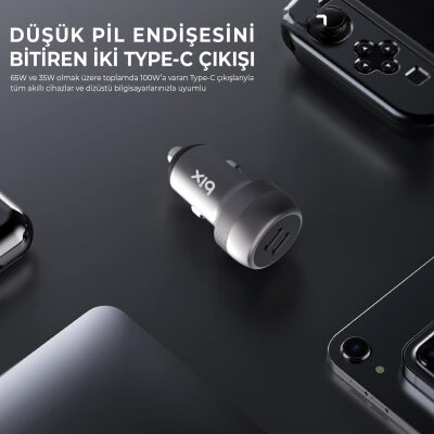 Bix 100W 2*Type-C PD 3.0 Portlu PPS Destekli Mini Araç içi Hızlı Şarj Cihazı Gri - 8