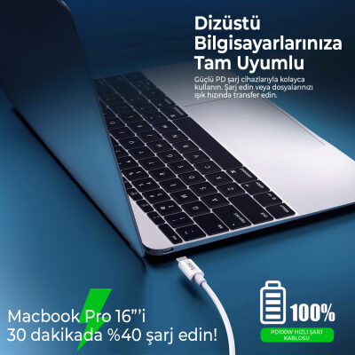 Bix 100W 5Gbps E-Mark Çipli Type-C to Type-C PD Şarj ve Data Kablosu 2 Metre Beyaz - 8
