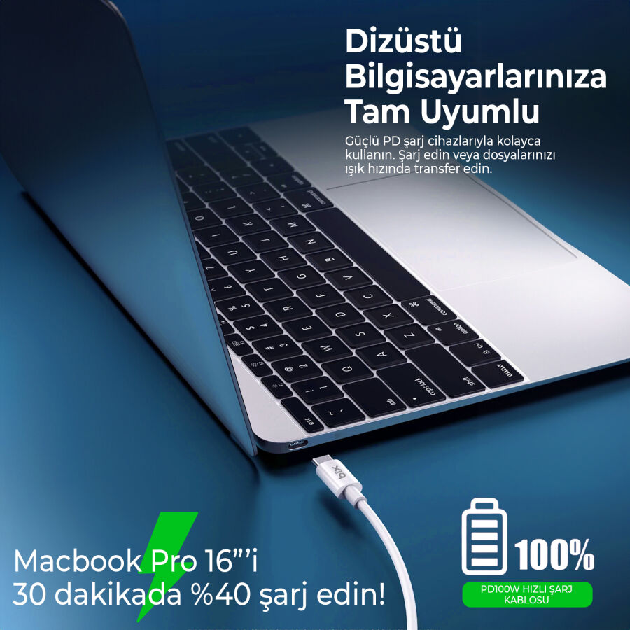Bix 100W 5Gbps E-Mark Çipli Type-C to Type-C PD Şarj ve Data Kablosu 2 Metre Beyaz - 8