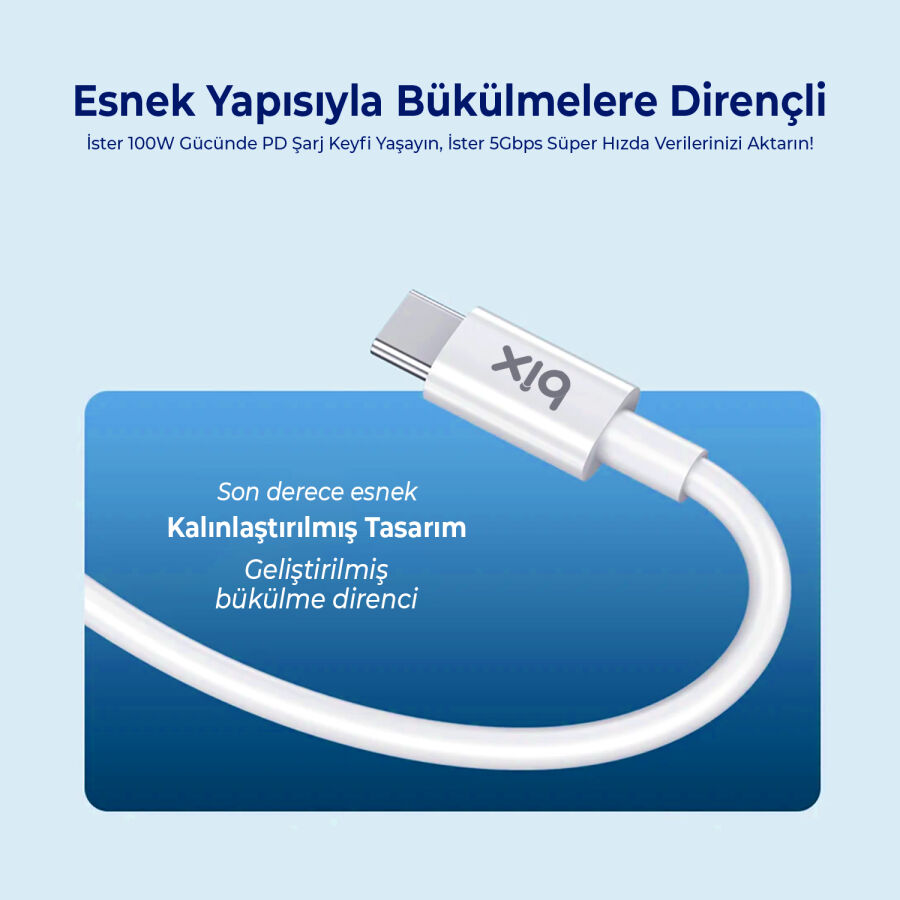 Bix 100W 5Gbps E-Mark Çipli Type-C to Type-C PD Şarj ve Data Kablosu 2 Metre Beyaz - 6