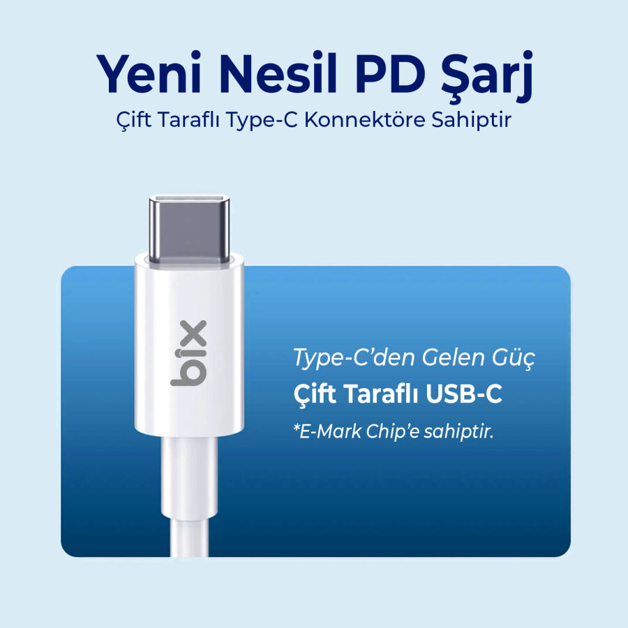 Bix 100W 5Gbps E-Mark Çipli Type-C to Type-C PD Şarj ve Data Kablosu 2 Metre Beyaz - 7