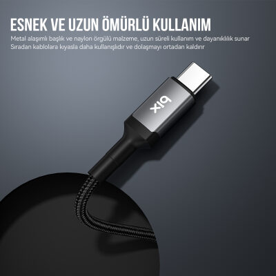 Bix 100W Hi-Speed 20Gbps 4K 60Hz Örgülü Metalik Başlıklı Type-C Şarj Data ve Görüntü Kablosu Koyu Gri 1 Metre - 7