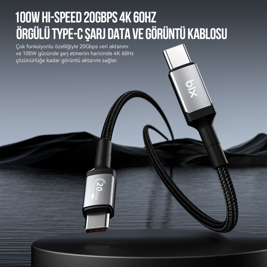 Bix 100W Hi-Speed 20Gbps 4K 60Hz Örgülü Metalik Başlıklı Type-C Şarj Data ve Görüntü Kablosu Koyu Gri 1 Metre - 8