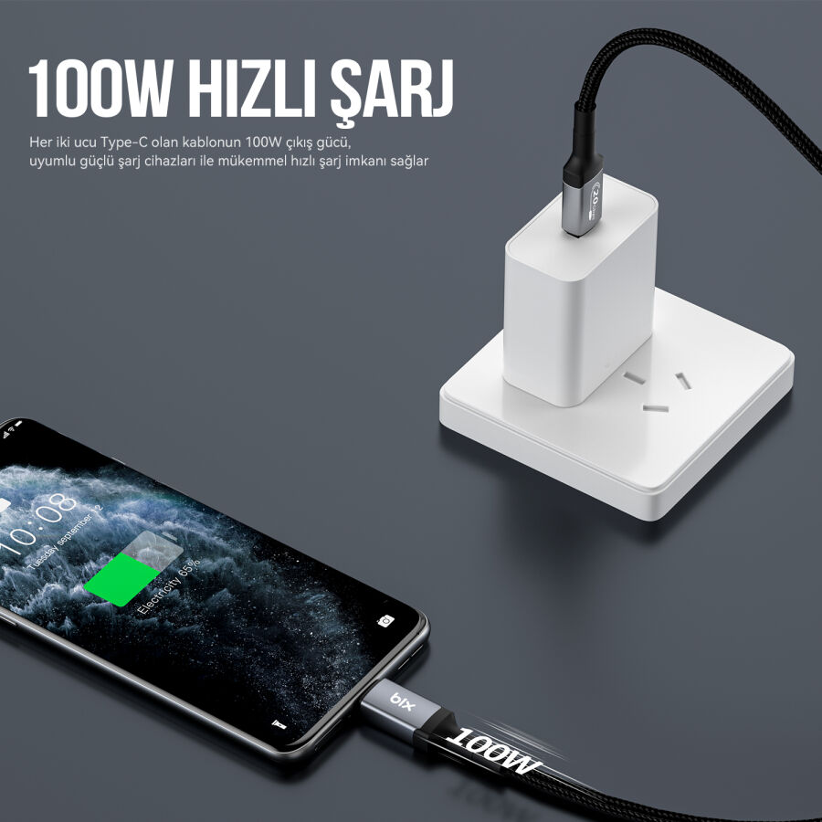 Bix 100W Hi-Speed 20Gbps 4K 60Hz Örgülü Metalik Başlıklı Type-C Şarj Data ve Görüntü Kablosu Koyu Gri 1 Metre - 9