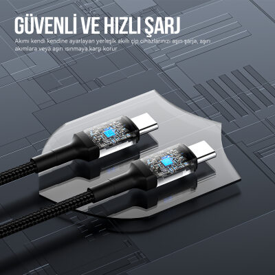 Bix 100W Hi-Speed 20Gbps 4K 60Hz Örgülü Metalik Başlıklı Type-C Şarj Data ve Görüntü Kablosu Koyu Gri 1 Metre - 10