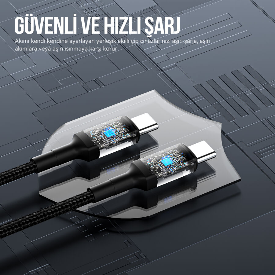 Bix 100W Hi-Speed 20Gbps 4K 60Hz Örgülü Metalik Başlıklı Type-C Şarj Data ve Görüntü Kablosu Koyu Gri 1 Metre - 10