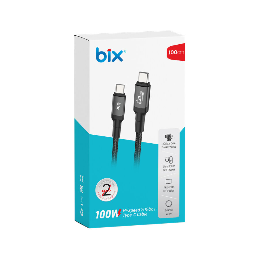 Bix 100W Hi-Speed 20Gbps 4K 60Hz Örgülü Metalik Başlıklı Type-C Şarj Data ve Görüntü Kablosu Koyu Gri 1 Metre - 3