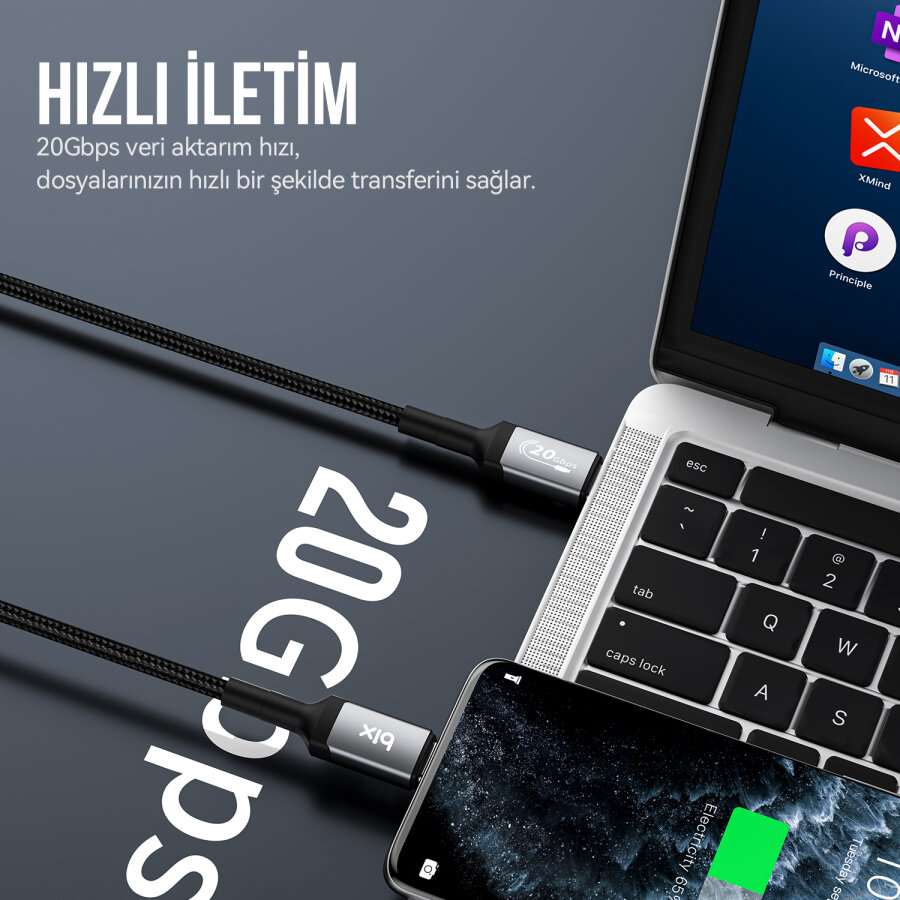 Bix 100W Hi-Speed 20Gbps 4K 60Hz Örgülü Metalik Başlıklı Type-C Şarj Data ve Görüntü Kablosu Koyu Gri 1 Metre - 4