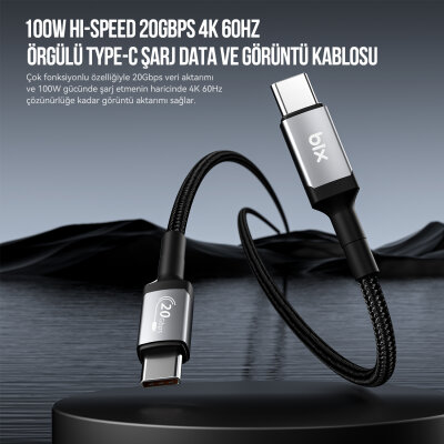 Bix 100W Hi-Speed 20Gbps 4K 60Hz Örgülü Metalik Başlıklı Type-C Şarj Data ve Görüntü Kablosu Koyu Gri 1 Metre - 8
