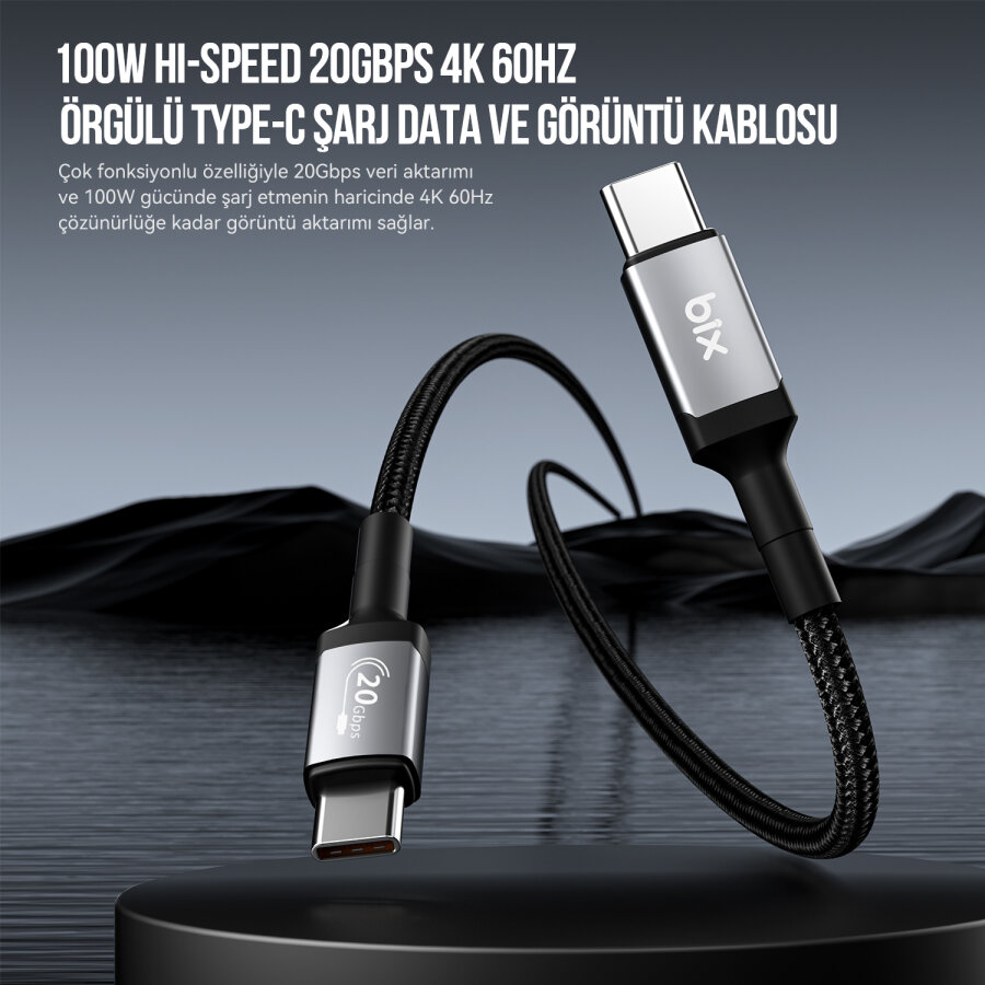 Bix 100W Hi-Speed 20Gbps 4K 60Hz Örgülü Metalik Başlıklı Type-C Şarj Data ve Görüntü Kablosu Koyu Gri 1 Metre - 8