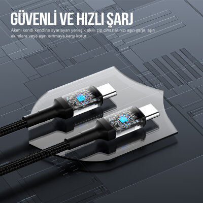 Bix 100W Hi-Speed 20Gbps 4K 60Hz Örgülü Metalik Başlıklı Type-C Şarj Data ve Görüntü Kablosu Koyu Gri 1 Metre - 10
