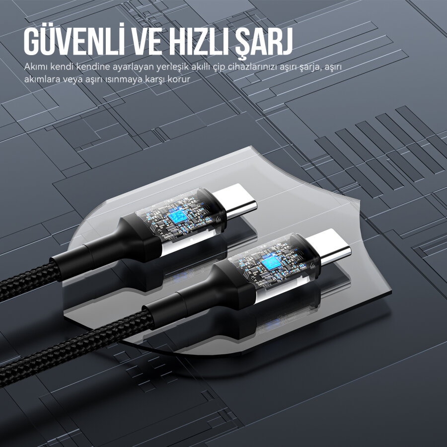 Bix 100W Hi-Speed 20Gbps 4K 60Hz Örgülü Metalik Başlıklı Type-C Şarj Data ve Görüntü Kablosu Koyu Gri 1 Metre - 10