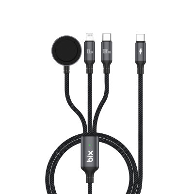 Bix 100W Type-C Lightning ve Apple Watch için 3’ü 1 Arada Çoklu Şarj ve Data Kablosu Koyu Gri 1.2 Metre
