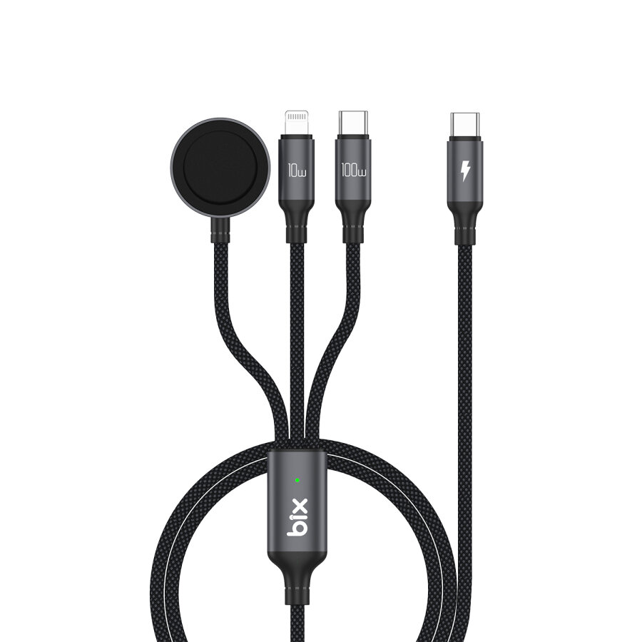 Bix 100W Type-C Lightning ve Apple Watch için 3’ü 1 Arada Çoklu Şarj ve Data Kablosu Koyu Gri 1.2 Metre - 1