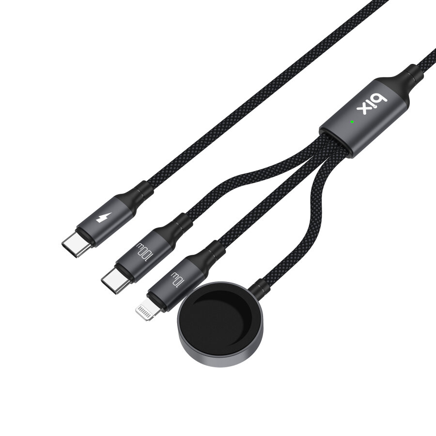 Bix 100W Type-C Lightning ve Apple Watch için 3’ü 1 Arada Çoklu Şarj ve Data Kablosu Koyu Gri 1.2 Metre - 2