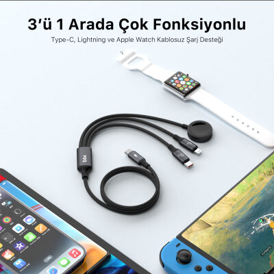 Bix 100W Type-C Lightning ve Apple Watch için 3’ü 1 Arada Çoklu Şarj ve Data Kablosu Koyu Gri 1.2 Metre - 3