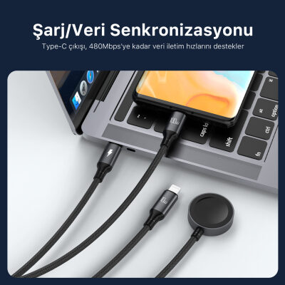 Bix 100W Type-C Lightning ve Apple Watch için 3’ü 1 Arada Çoklu Şarj ve Data Kablosu Koyu Gri 1.2 Metre - 4