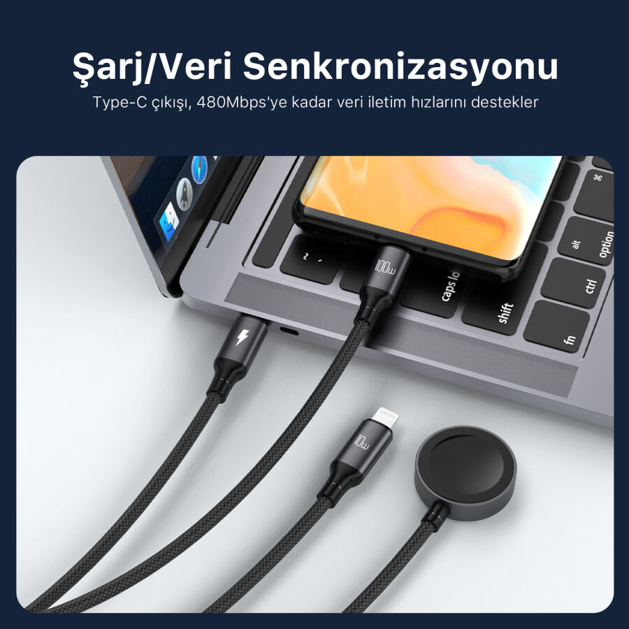 Bix 100W Type-C Lightning ve Apple Watch için 3’ü 1 Arada Çoklu Şarj ve Data Kablosu Koyu Gri 1.2 Metre - 4