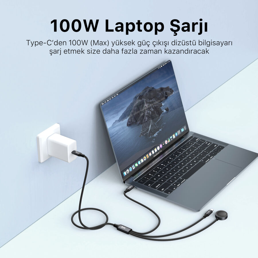 Bix 100W Type-C Lightning ve Apple Watch için 3’ü 1 Arada Çoklu Şarj ve Data Kablosu Koyu Gri 1.2 Metre - 5