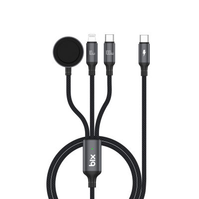 Bix 100W Type-C Lightning ve Apple Watch için 3’ü 1 Arada Çoklu Şarj ve Data Kablosu Koyu Gri 1.2 Metre