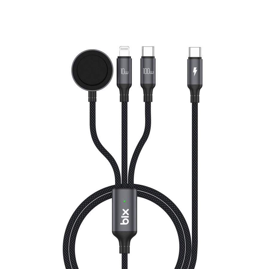 Bix 100W Type-C Lightning ve Apple Watch için 3’ü 1 Arada Çoklu Şarj ve Data Kablosu Koyu Gri 1.2 Metre - 1