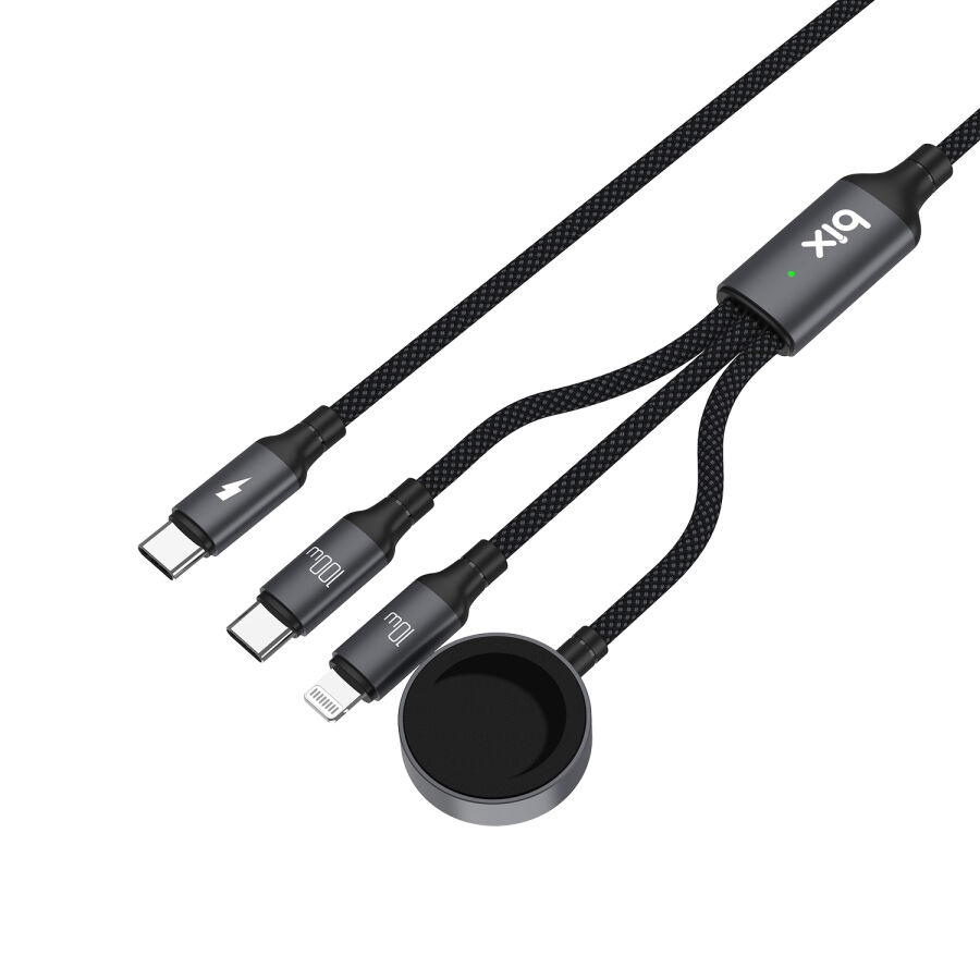 Bix 100W Type-C Lightning ve Apple Watch için 3’ü 1 Arada Çoklu Şarj ve Data Kablosu Koyu Gri 1.2 Metre - 2