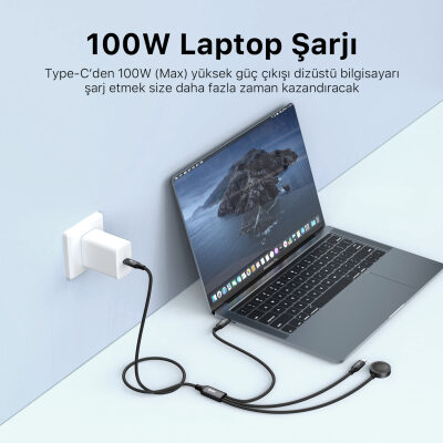 Bix 100W Type-C Lightning ve Apple Watch için 3’ü 1 Arada Çoklu Şarj ve Data Kablosu Koyu Gri 1.2 Metre - 5