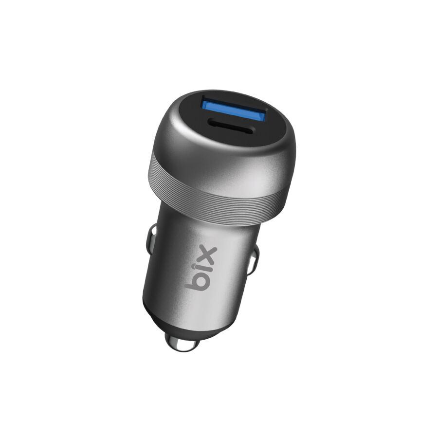 Bix 100W Type-C PD 65W ve USB-A QC 35W PPS Destekli Çift Çıkışlı Mini Araç içi Hızlı Şarj Cihazı Gri - 1