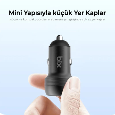Bix 100W Type-C PD 65W ve USB-A QC 35W PPS Destekli Çift Çıkışlı Mini Araç içi Hızlı Şarj Cihazı Gri - 6