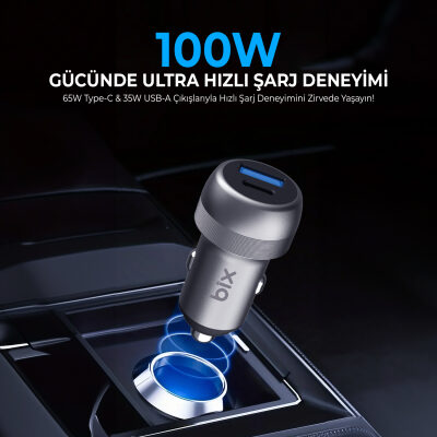 Bix 100W Type-C PD 65W ve USB-A QC 35W PPS Destekli Çift Çıkışlı Mini Araç içi Hızlı Şarj Cihazı Gri - 7
