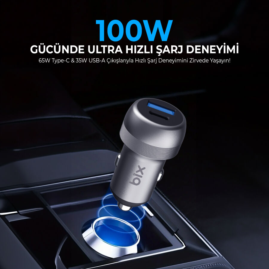 Bix 100W Type-C PD 65W ve USB-A QC 35W PPS Destekli Çift Çıkışlı Mini Araç içi Hızlı Şarj Cihazı Gri - 7