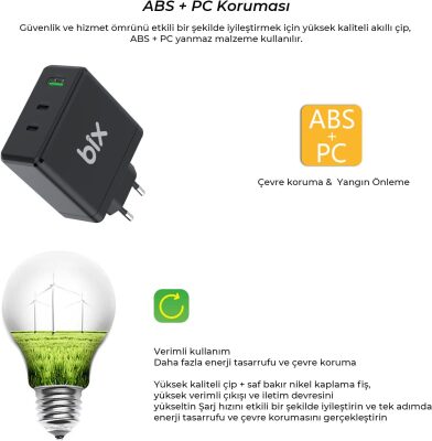 Bix 100W USB Type-C QC 4.0 PD 3.0 Gan 3 Portlu Hızlı Şarj Cihazı - 4