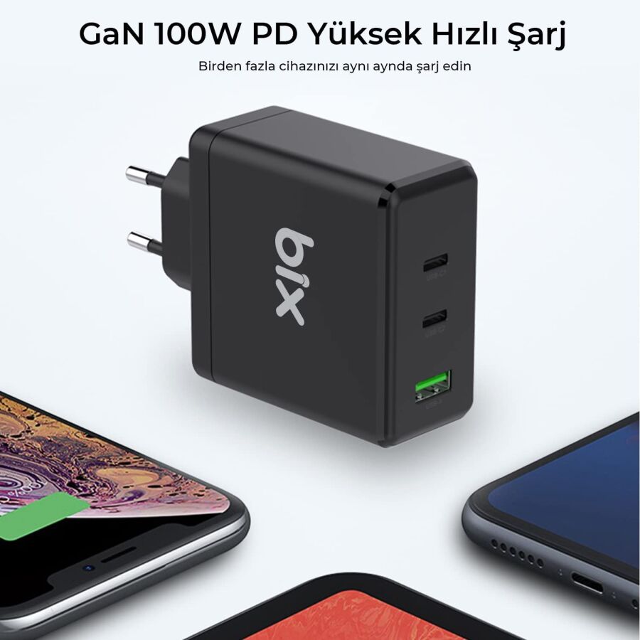 Bix 100W USB Type-C QC 4.0 PD 3.0 Gan 3 Portlu Hızlı Şarj Cihazı - 5