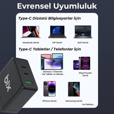 Bix 100W USB Type-C QC 4.0 PD 3.0 Gan 3 Portlu Hızlı Şarj Cihazı - 3