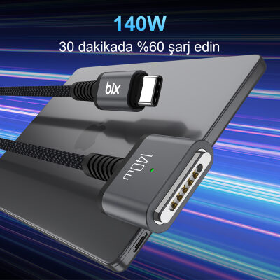 Bix 140W Type-C to Magsafe 3 Macbook Pro ve Macbook Air 13″ 14″ 16″ M1 M2 Uyumlu Manyetik Örgülü Şarj Kablosu 2 Metre - 4