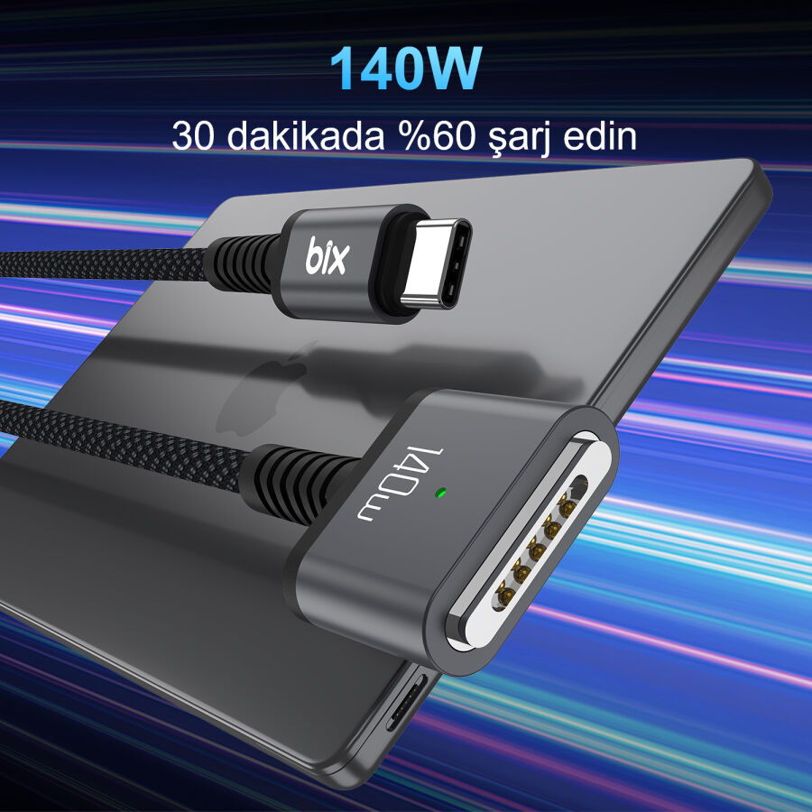 Bix 140W Type-C to Magsafe 3 Macbook Pro ve Macbook Air 13″ 14″ 16″ M1 M2 Uyumlu Manyetik Örgülü Şarj Kablosu 2 Metre - 4