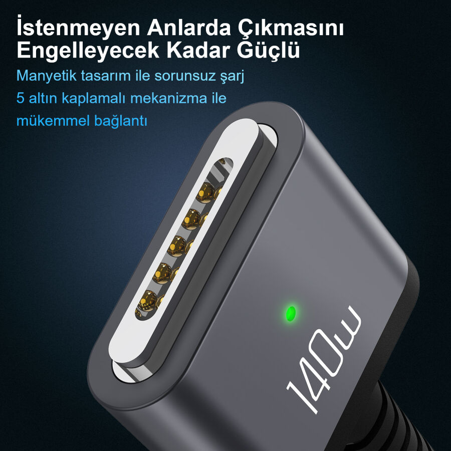 Bix 140W Type-C to Magsafe 3 Macbook Pro ve Macbook Air 13″ 14″ 16″ M1 M2 Uyumlu Manyetik Örgülü Şarj Kablosu 2 Metre - 7