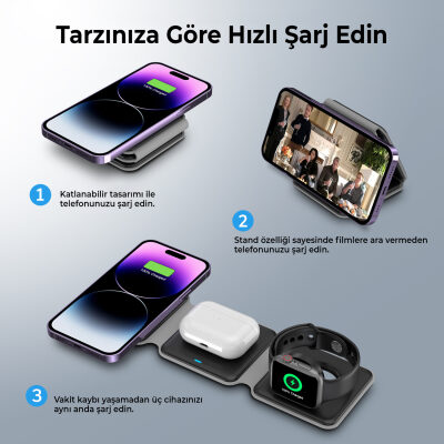 Bix 15W 3’ü 1 Arada iPhone Apple Watch AirPods Uyumlu Katlanabilir Şarj Standı Manyetik Kablosuz Şarj İstasyonu - 6