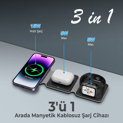 Bix 15W 3’ü 1 Arada iPhone Apple Watch AirPods Uyumlu Katlanabilir Şarj Standı Manyetik Kablosuz Şarj İstasyonu - 12