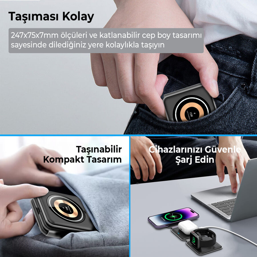 Bix 15W 3’ü 1 Arada iPhone Apple Watch AirPods Uyumlu Katlanabilir Şarj Standı Manyetik Kablosuz Şarj İstasyonu - 8