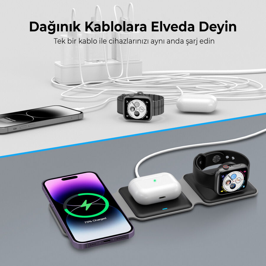 Bix 15W 3’ü 1 Arada iPhone Apple Watch AirPods Uyumlu Katlanabilir Şarj Standı Manyetik Kablosuz Şarj İstasyonu - 9