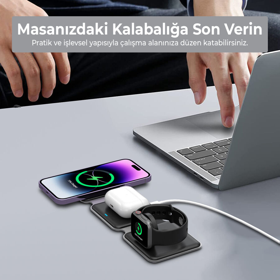 Bix 15W 3’ü 1 Arada iPhone Apple Watch AirPods Uyumlu Katlanabilir Şarj Standı Manyetik Kablosuz Şarj İstasyonu - 11