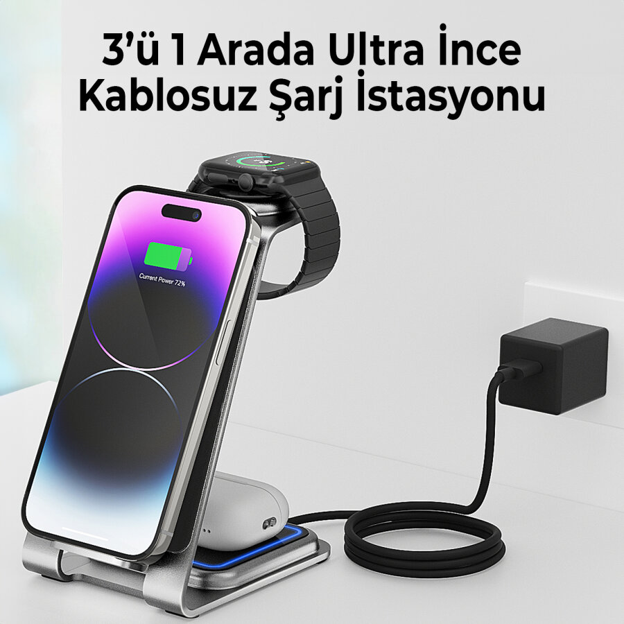 Bix 15W 3’ü 1 Arada iPhone Apple Watch AirPods Uyumlu Ultra İnce Manyetik Kablosuz Şarj İstasyonu - 5