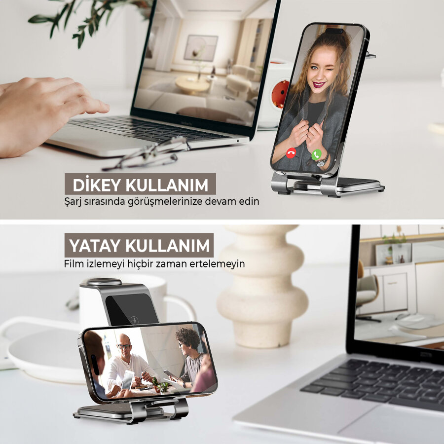 Bix 15W 3’ü 1 Arada iPhone Apple Watch AirPods Uyumlu Ultra İnce Manyetik Kablosuz Şarj İstasyonu - 9