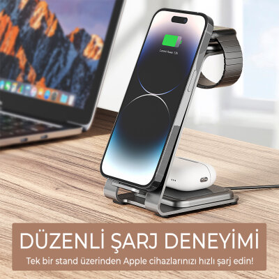Bix 15W 3’ü 1 Arada iPhone Apple Watch AirPods Uyumlu Ultra İnce Manyetik Kablosuz Şarj İstasyonu - 10